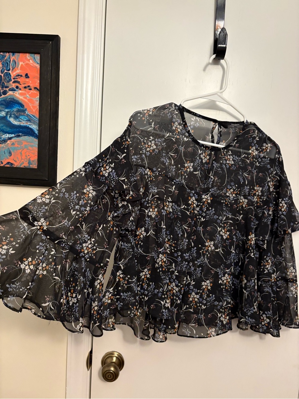 Zara Black Sheer Floral Ruffle Blouse with Blue and Pink Accents